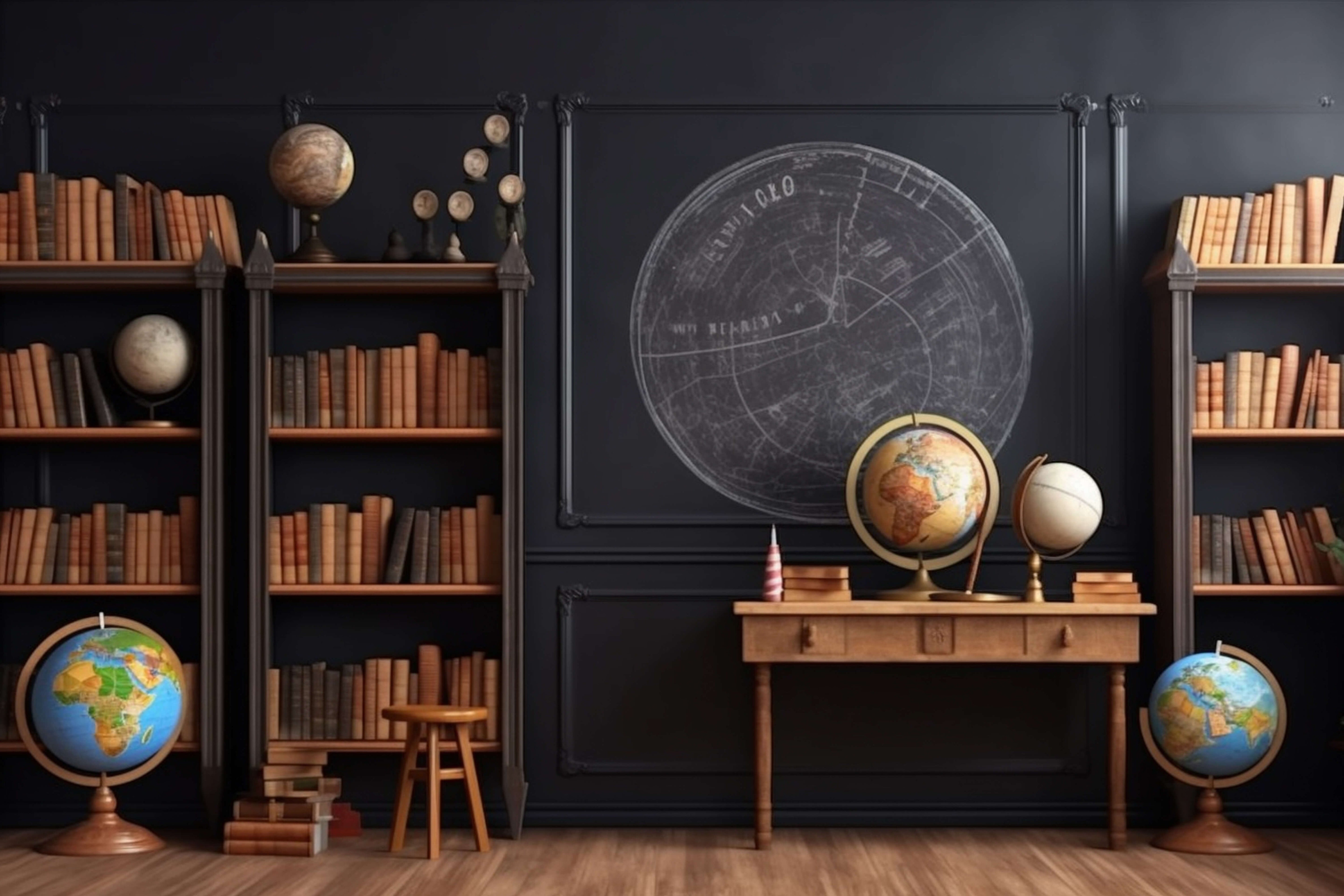 Toile de fond étagère avec globes retour à l'école classe RR6-44