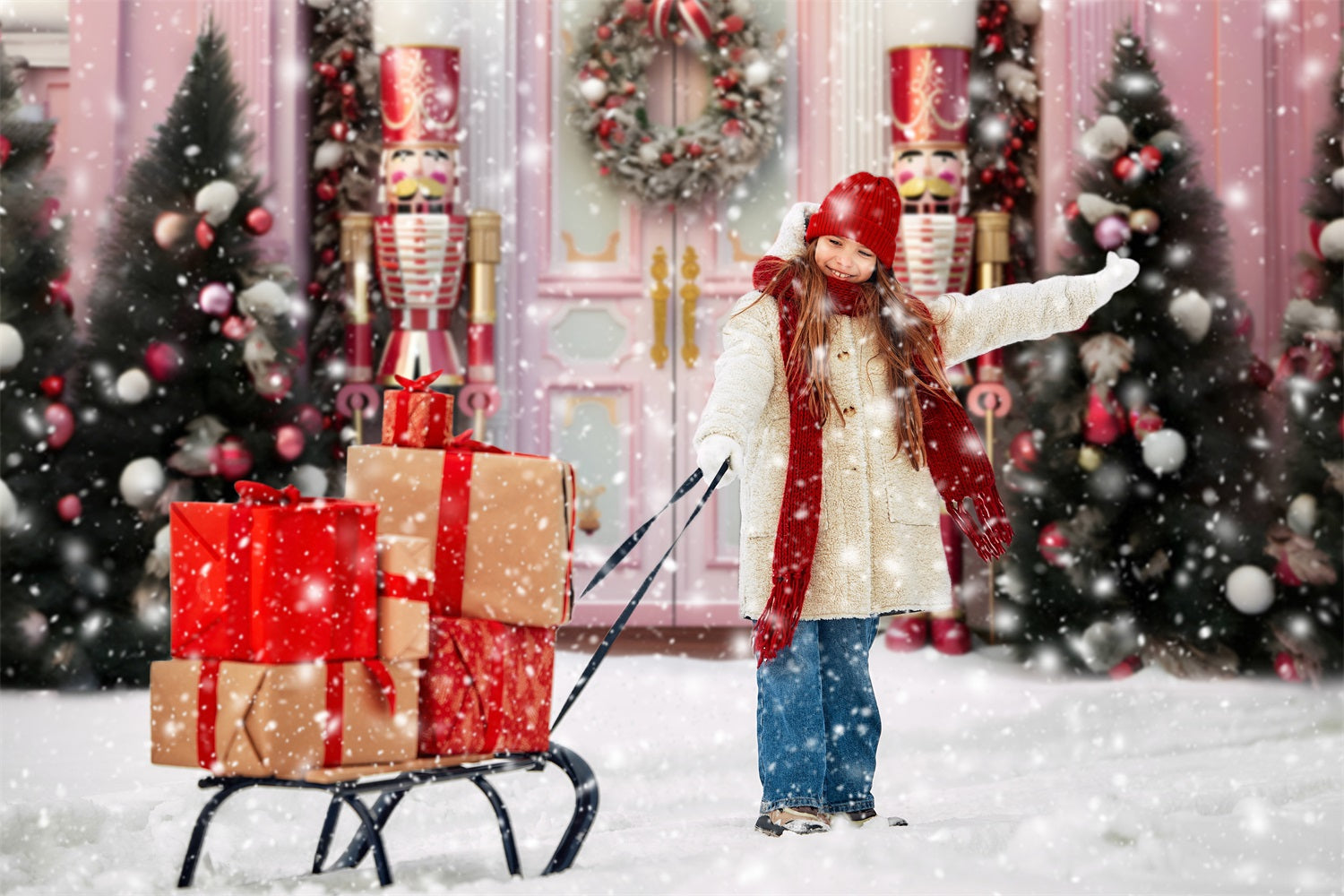 Toile de fond porte d'entrée rose de Noël casse-noisette RR6-46