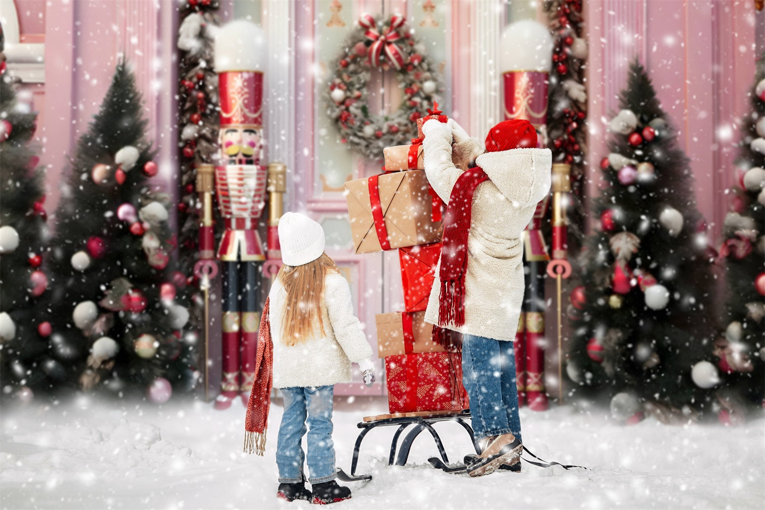 Toile de fond porte d'entrée rose de Noël casse-noisette RR6-46