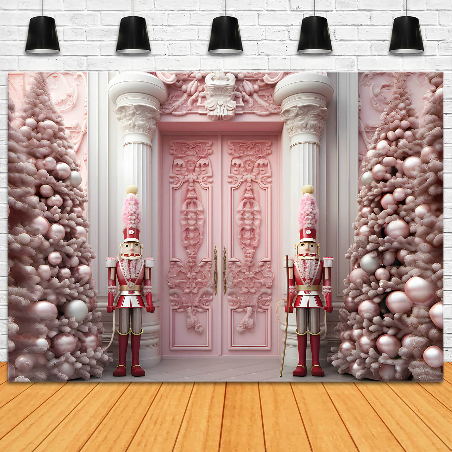 Toile de fond maison de Noël casse-noisette porte rose RR6-47