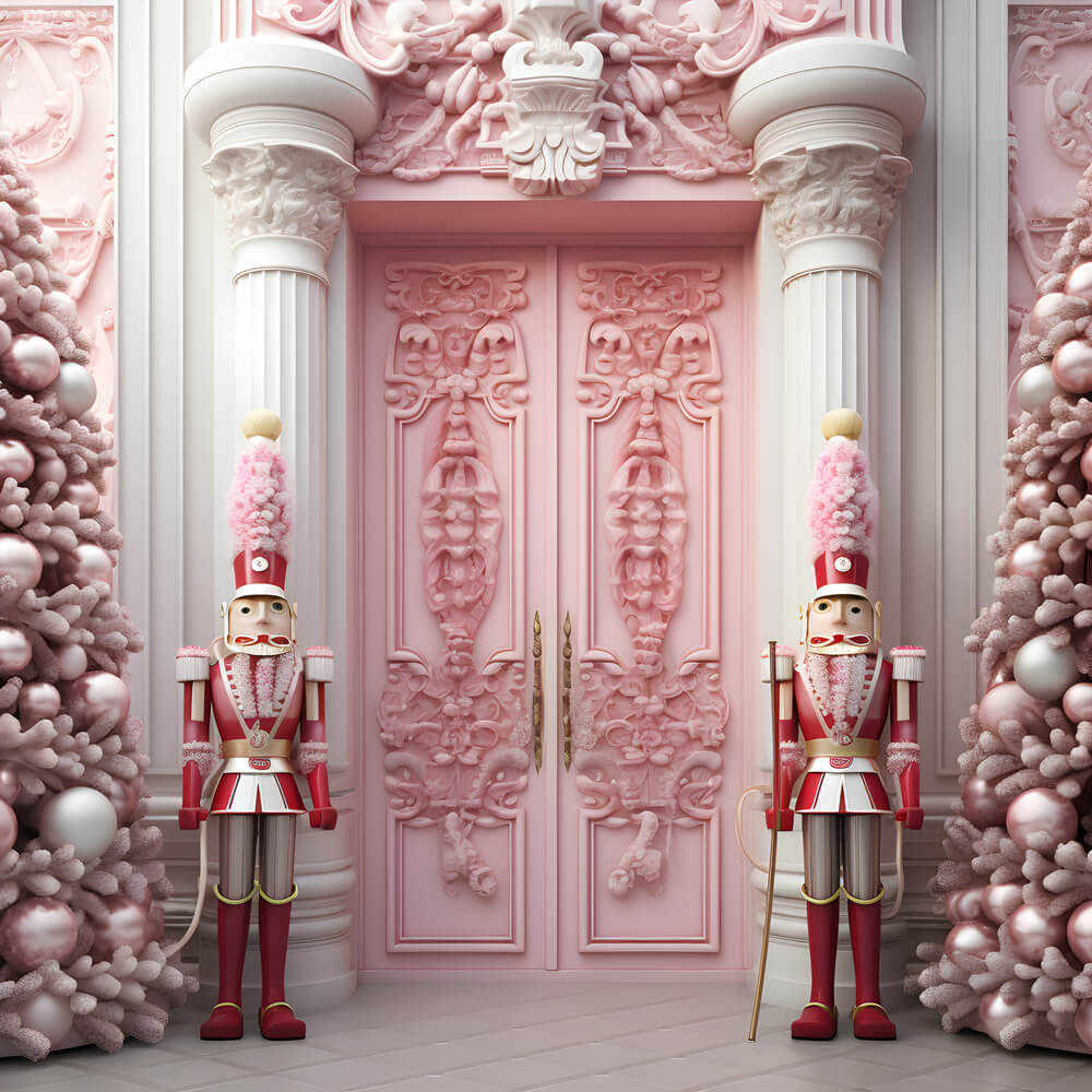 Toile de fond maison de Noël casse-noisette porte rose RR6-47