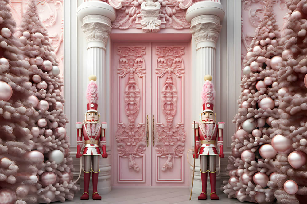 Toile de fond maison de Noël casse-noisette porte rose RR6-47