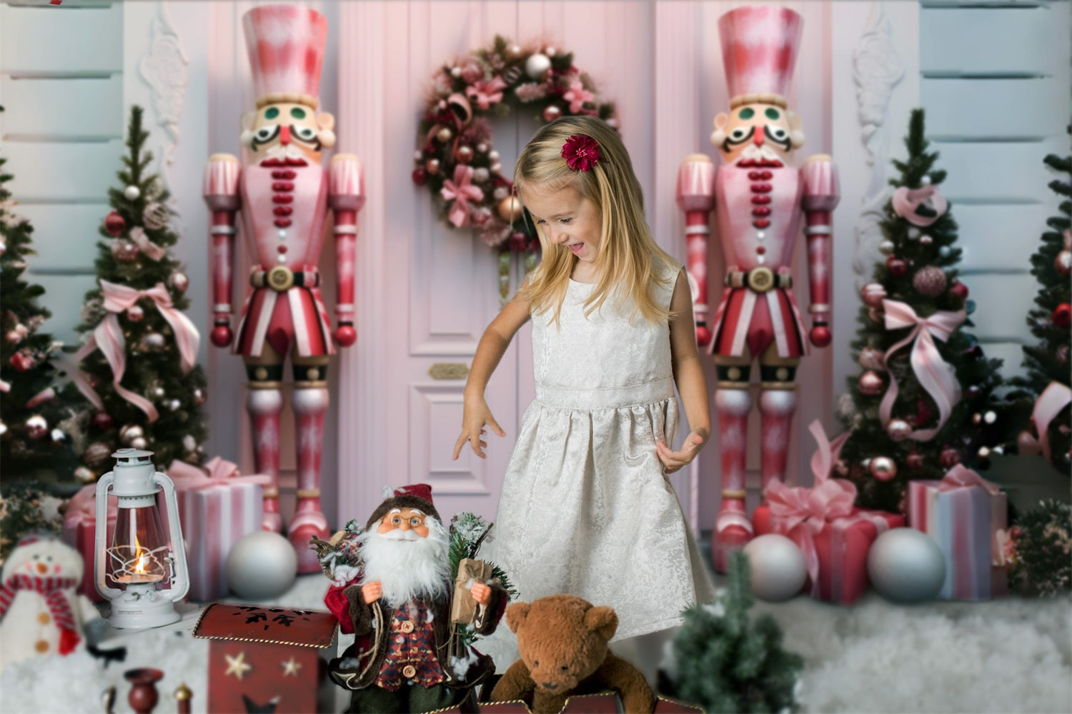 Toile de fond arbre de Noël casse-noisette porte rose RR6-48