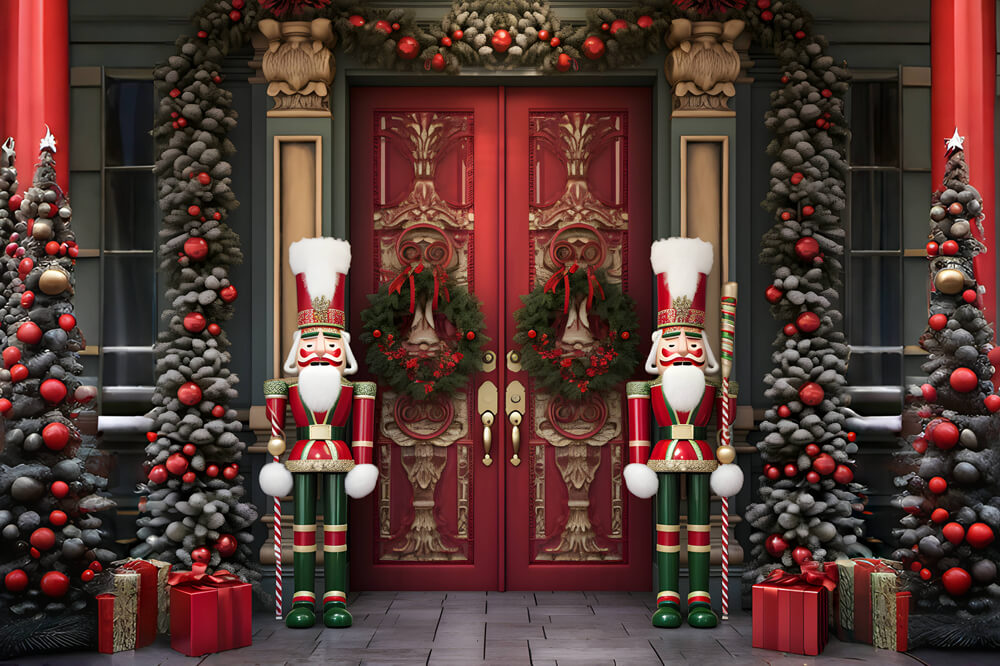 Toile de fond arbres de Noël maison porte casse-noisette RR6-54
