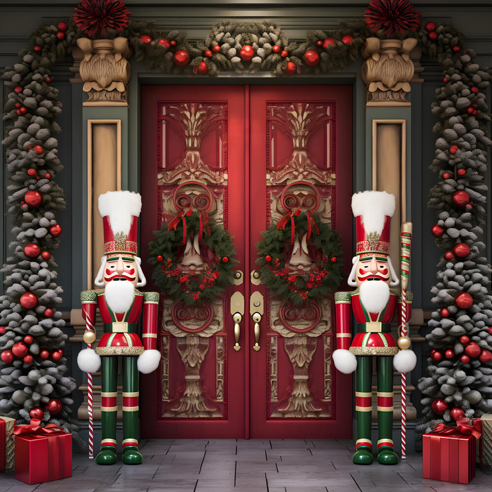Toile de fond arbres de Noël maison porte casse-noisette RR6-54