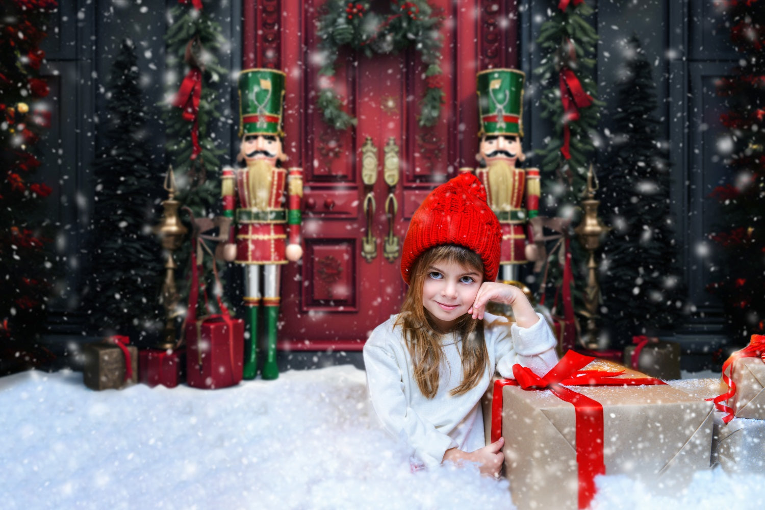 Toile de fond porte de maison de Noël neige casse-noisette RR6-57