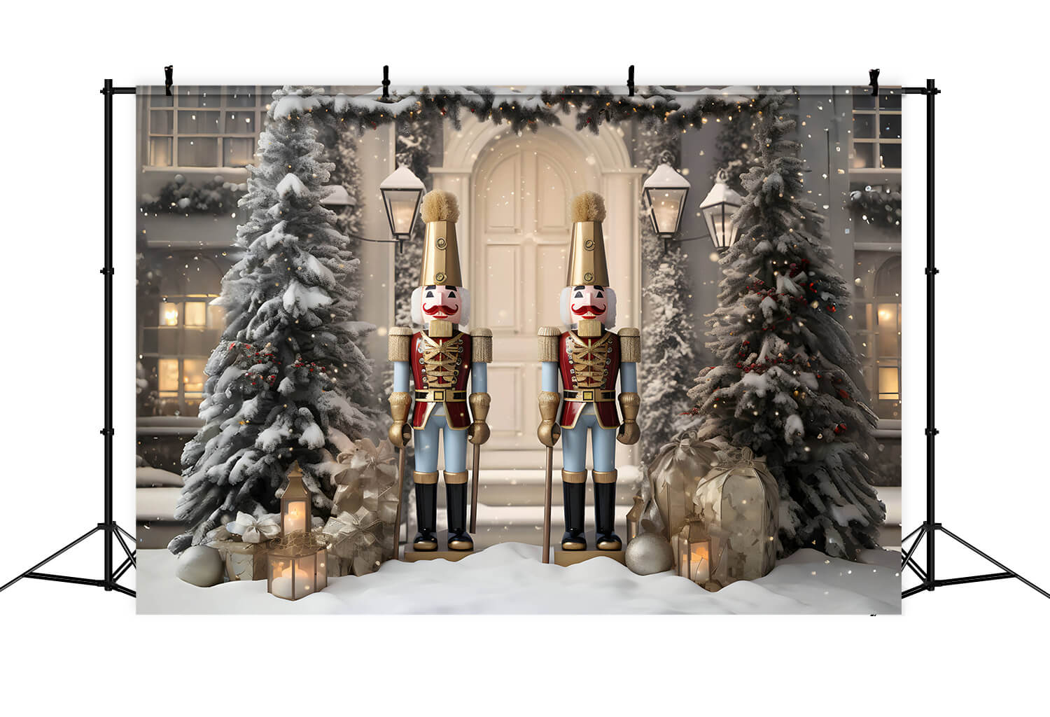 Toile de fond arbre de Noël enneigé maison casse-noisette RR6-58