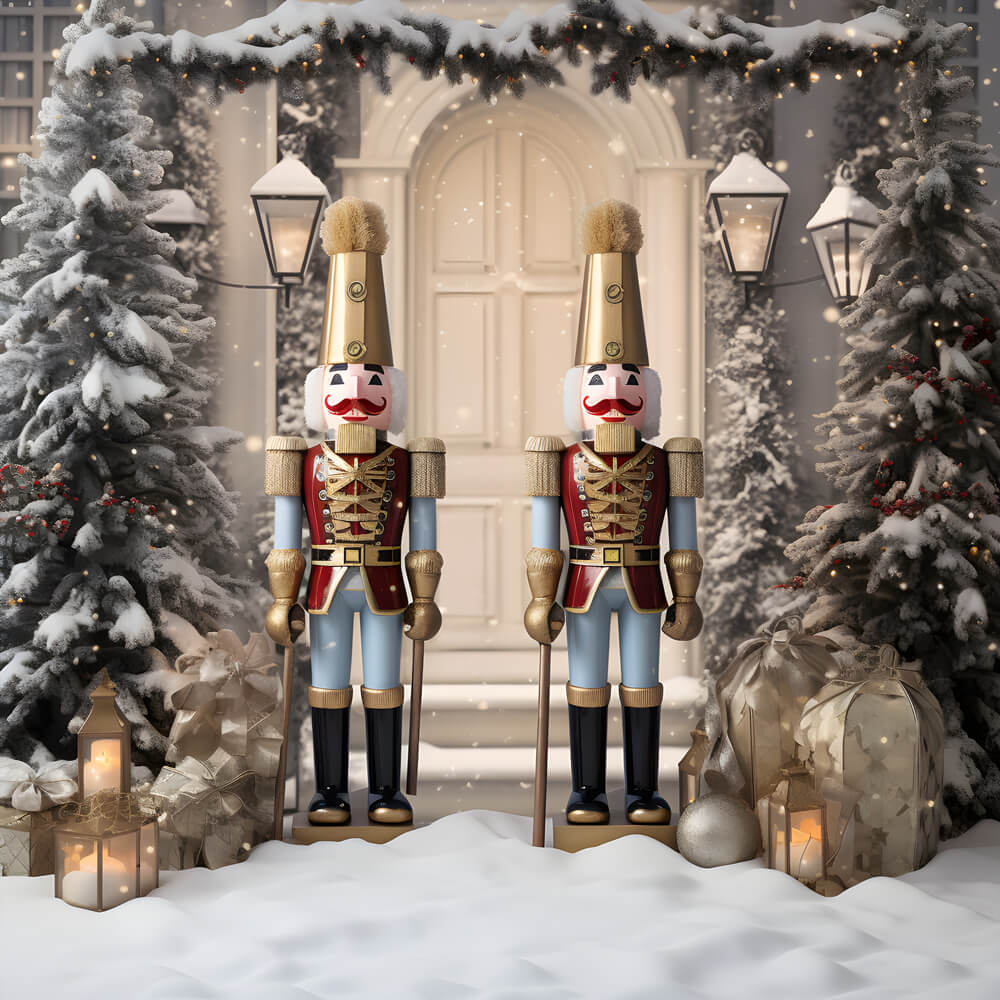 Toile de fond arbre de Noël enneigé maison casse-noisette RR6-58