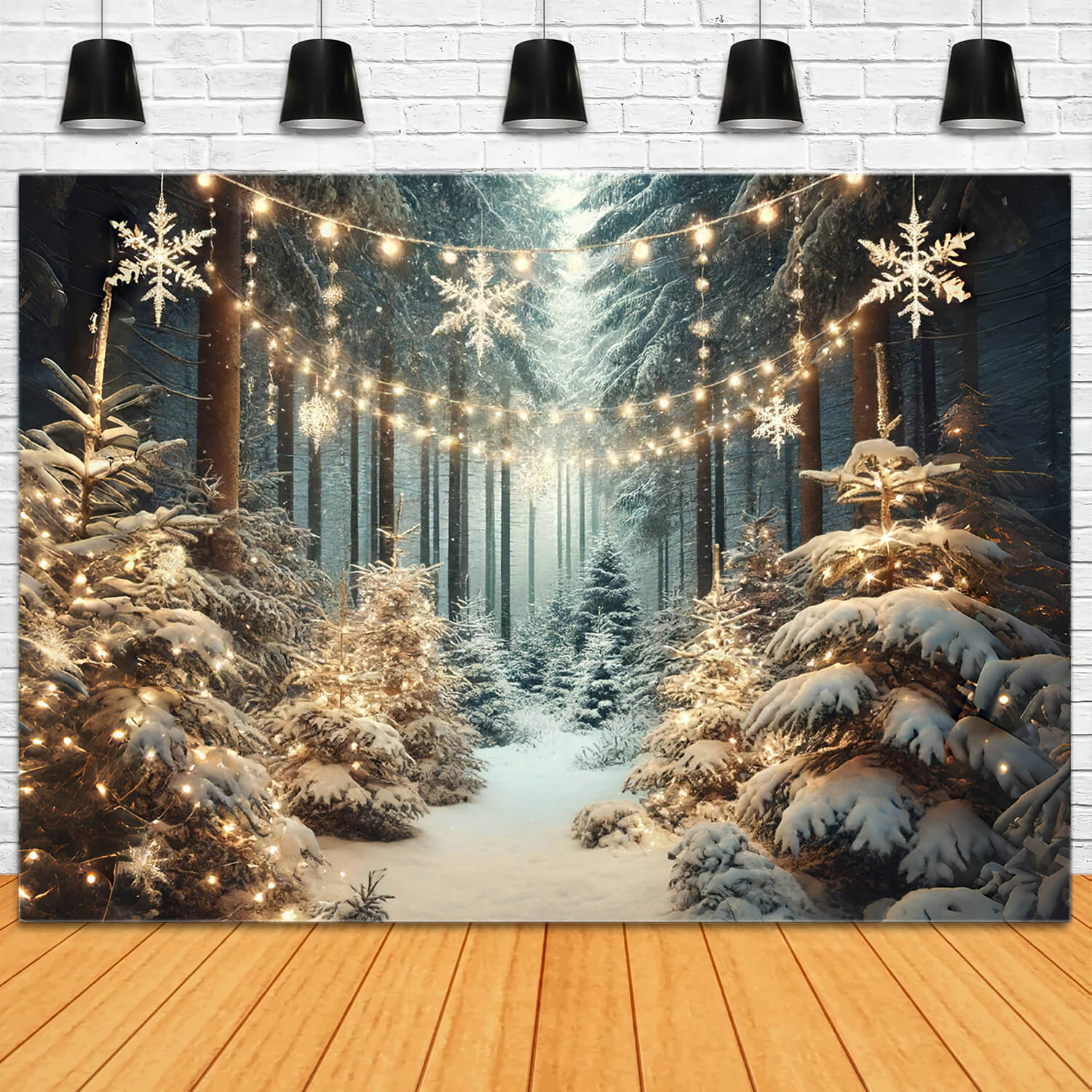 Toile de fond lumière flocons de neige forêt enneigée d'hiver RR6-60