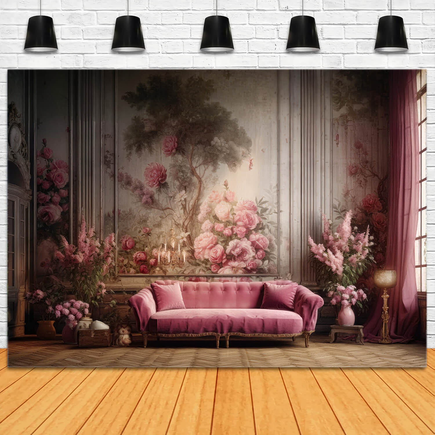 Toile de fond salon mur rétro canapé rose floral RR6-62