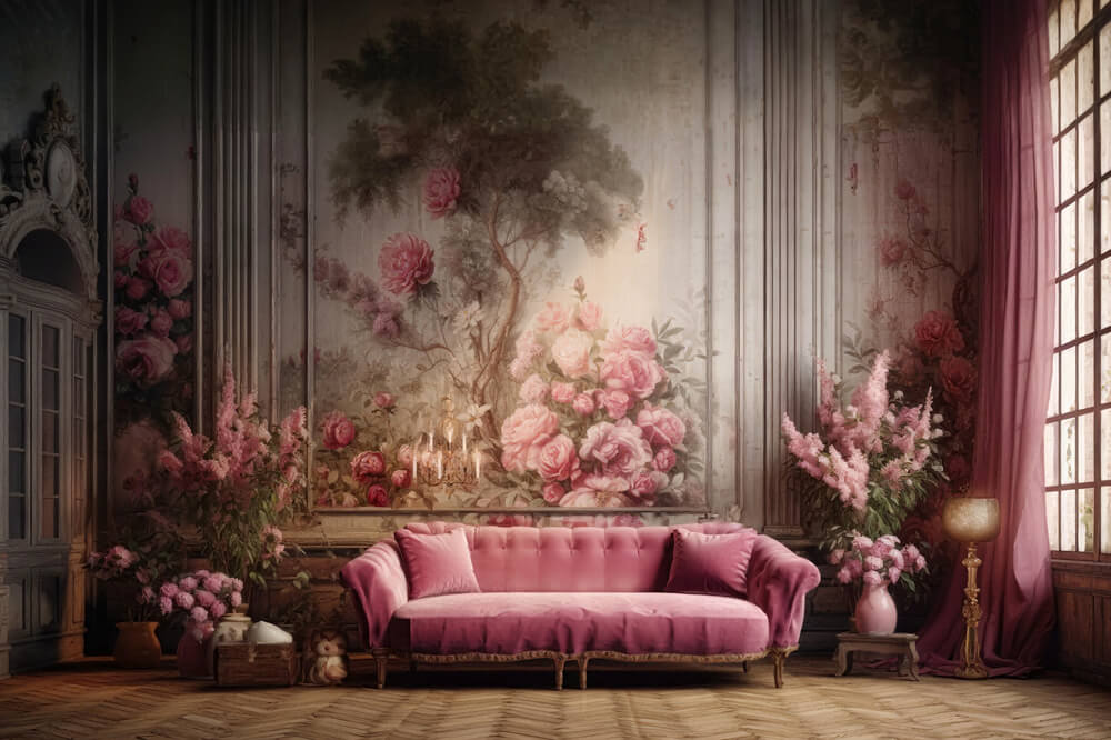 Toile de fond salon mur rétro canapé rose floral RR6-62