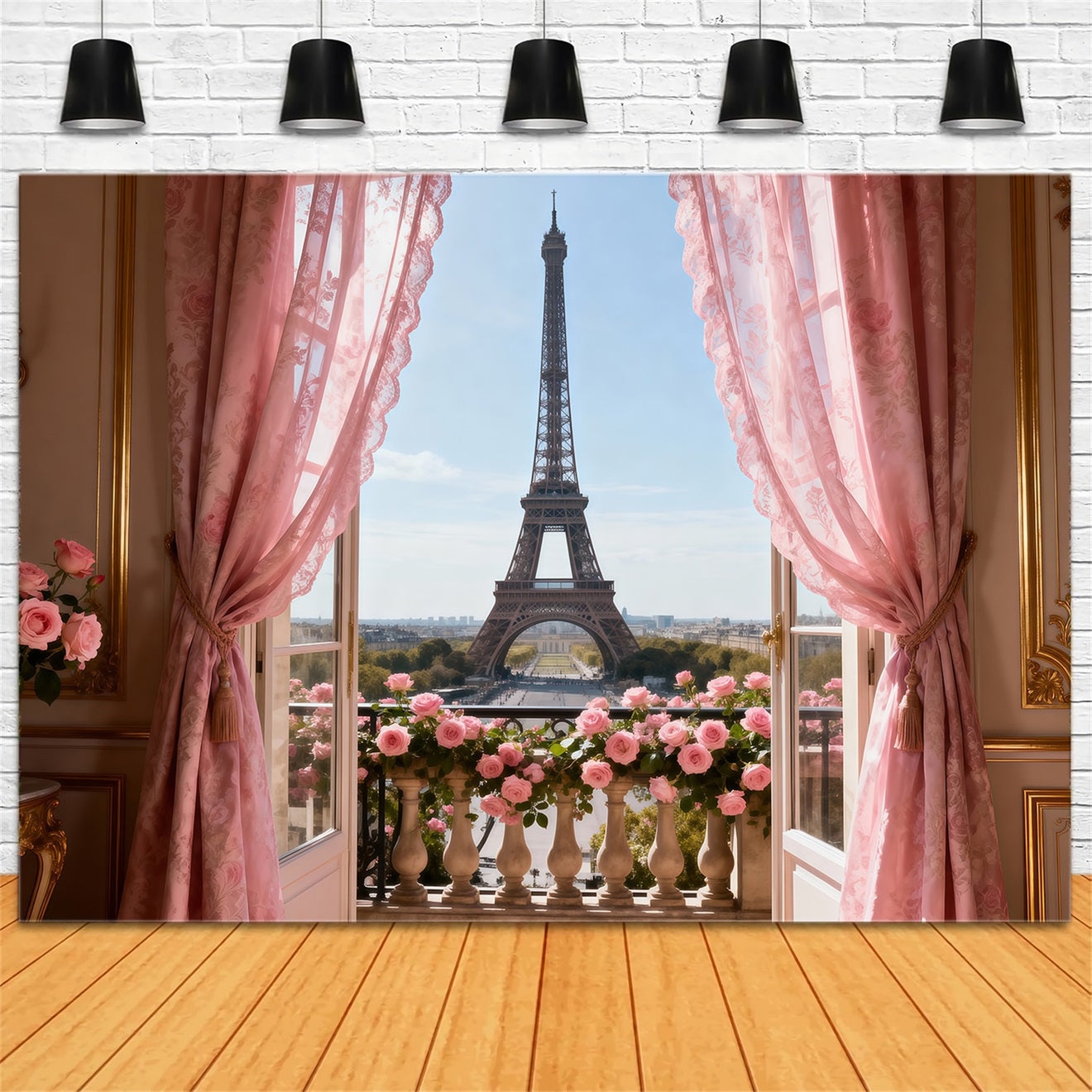 Fond Studio Photo Paris Balcon Rideau Rose Romance RR61-34