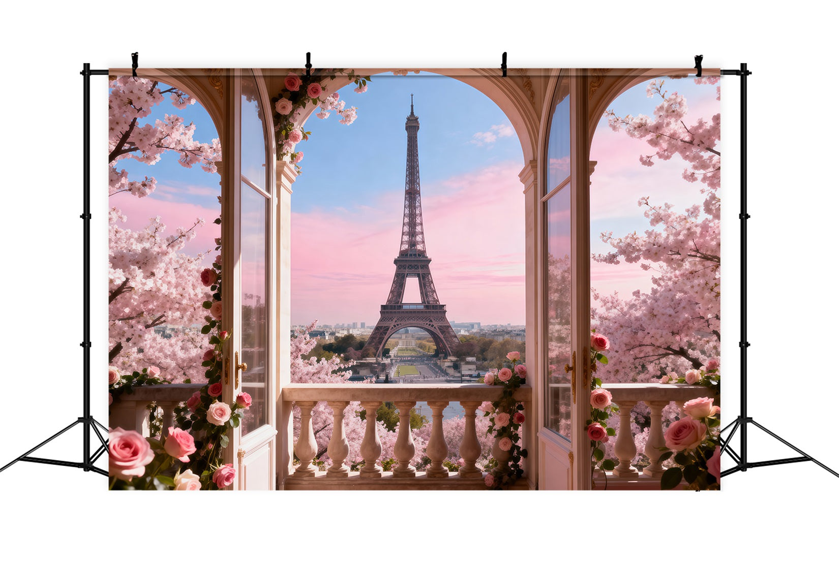 Fond Studio Photo Tour Eiffel Balcon Fleurs Pastel Matin RR61-54