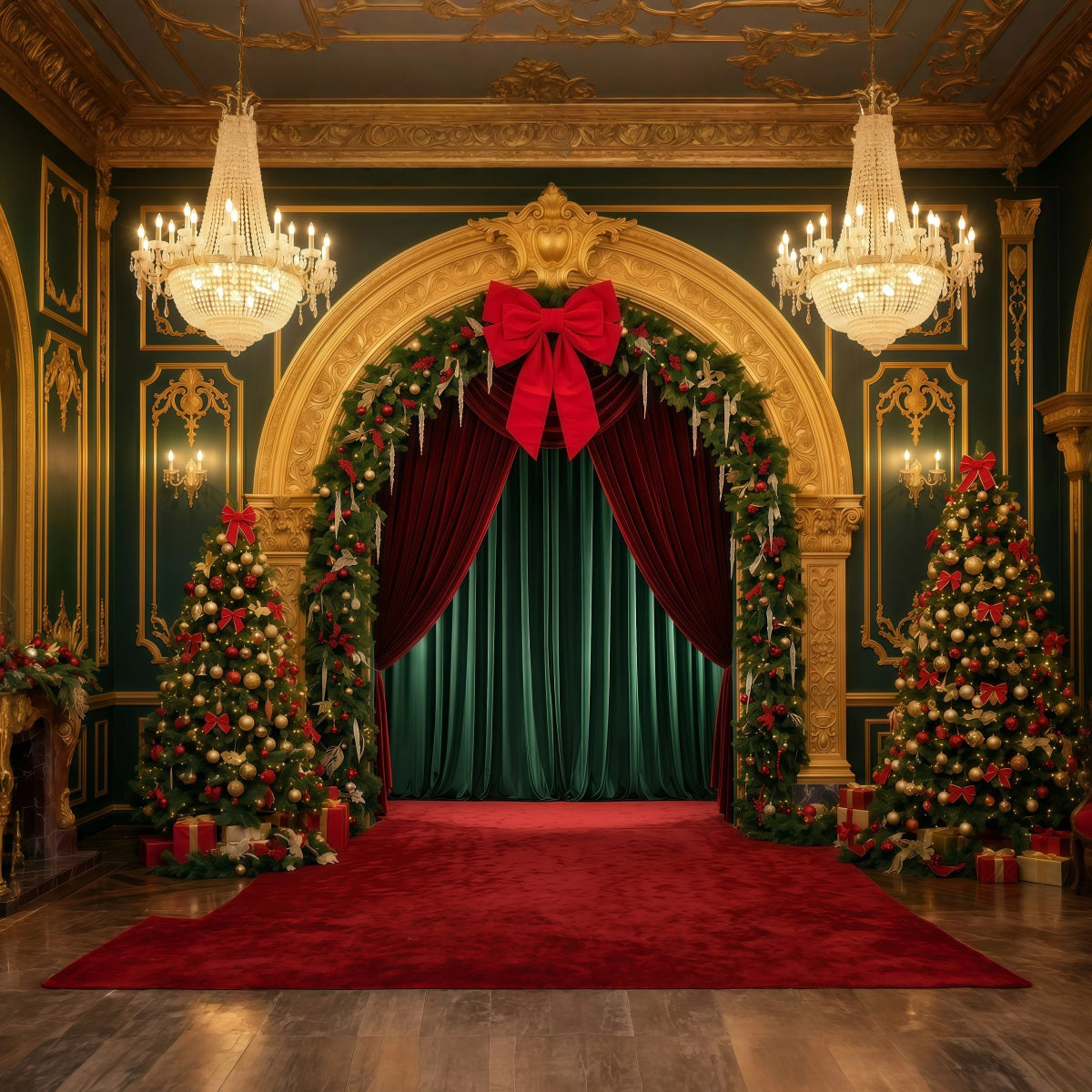 Fond De Noël Scène Arche Dorée Entrée Velours RR610-1