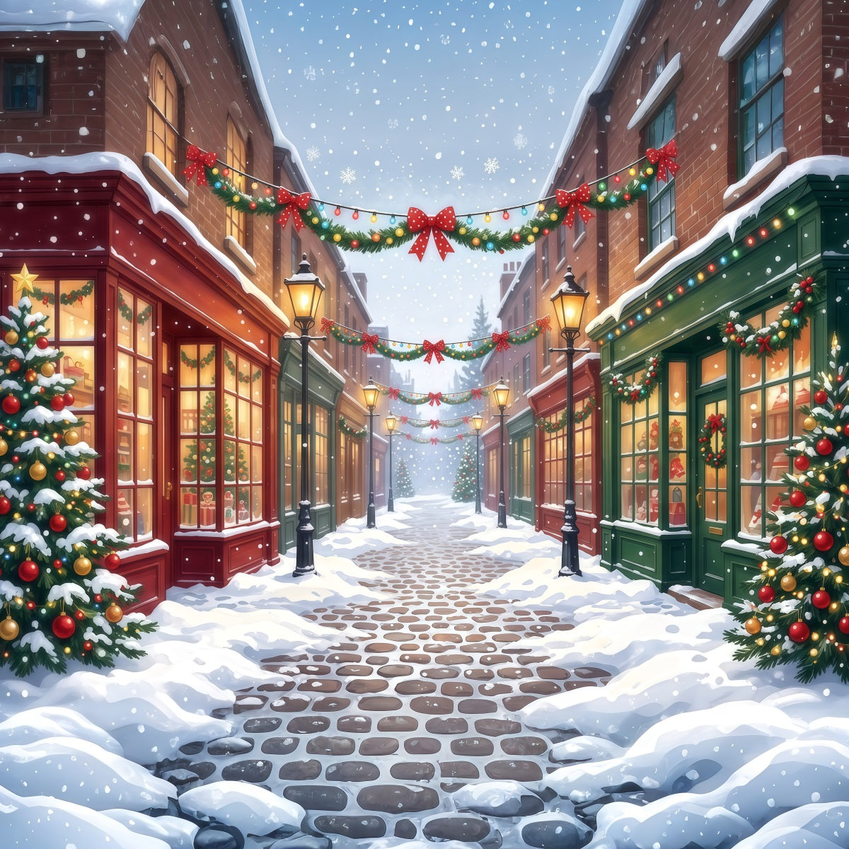 Fond De Village De Noël Rue Commerçante Décorée Enneigée RR610-103