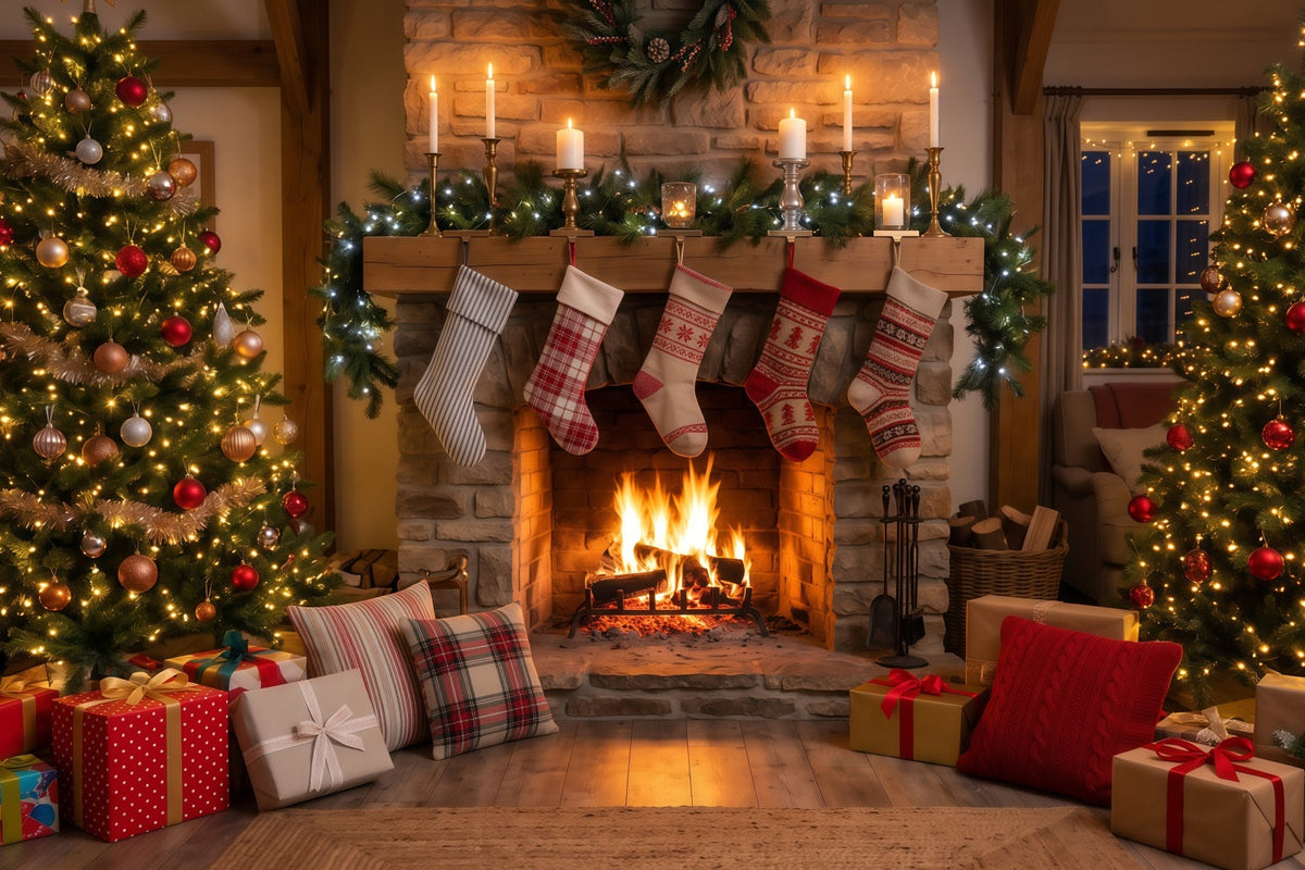 Fond Photo De Noël Cheminée Rustique Chaussettes Suspendues RR610-104