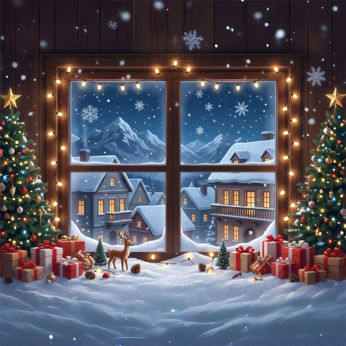 Fond De Noël Hiver Fenêtre Maison Enneigée RR610-107