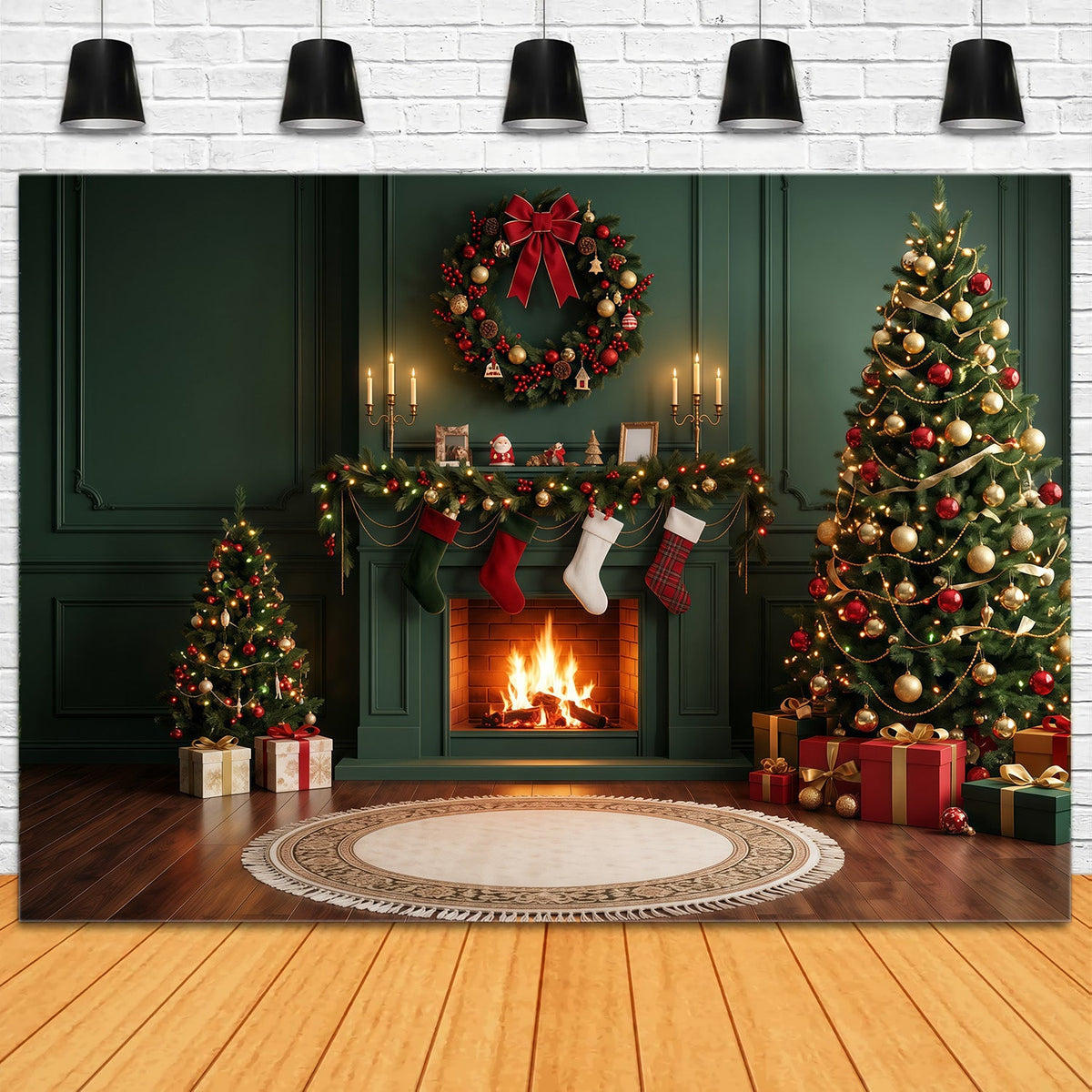 Fond De Cheminée De Noël Sapins Chaussettes Couronne RR610-110