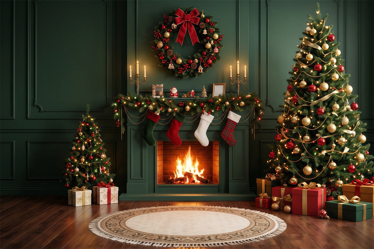Fond De Cheminée De Noël Sapins Chaussettes Couronne RR610-110