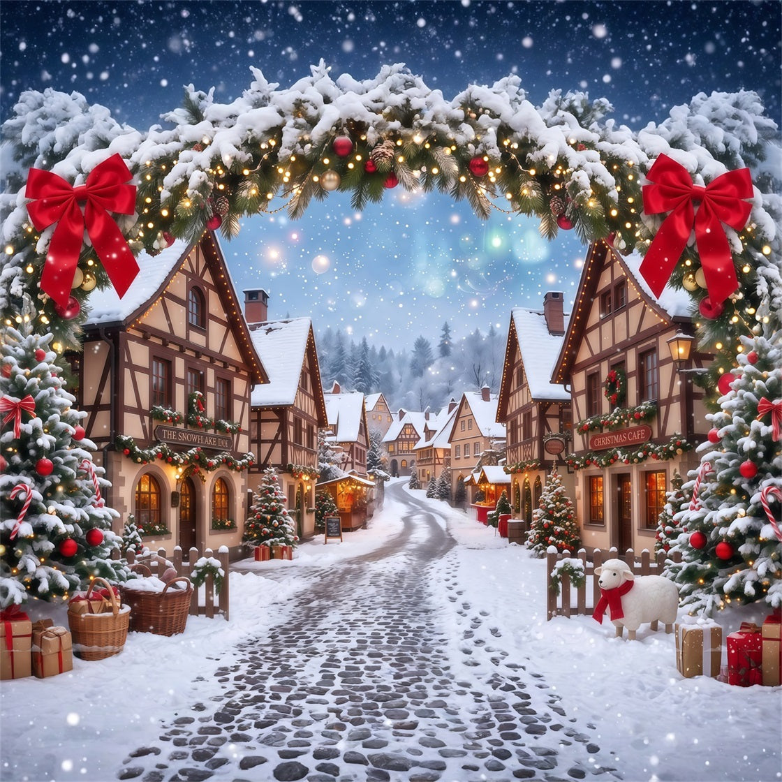 Fond De Village De Noël Maison Arche Guirlande Enneigée RR610-114