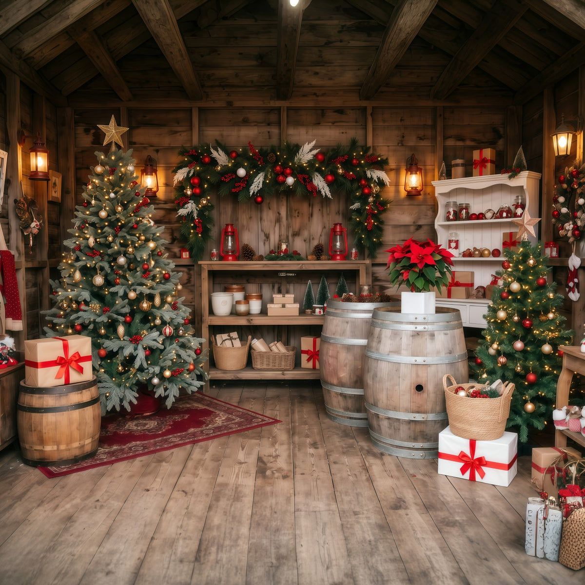 Fond Boutique De Noël Chalet Rustique Sapins RR610-115