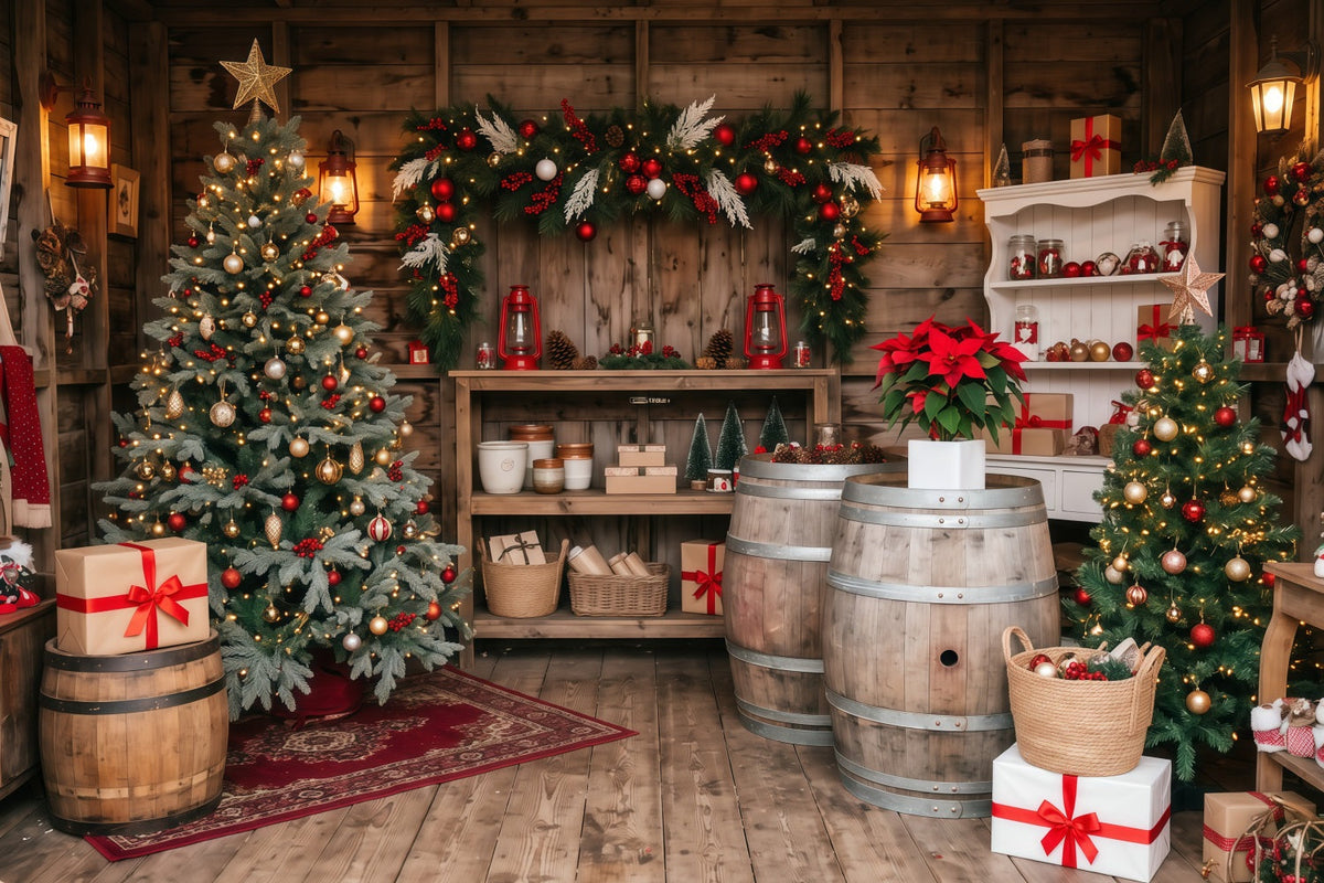 Fond Boutique De Noël Chalet Rustique Sapins RR610-115