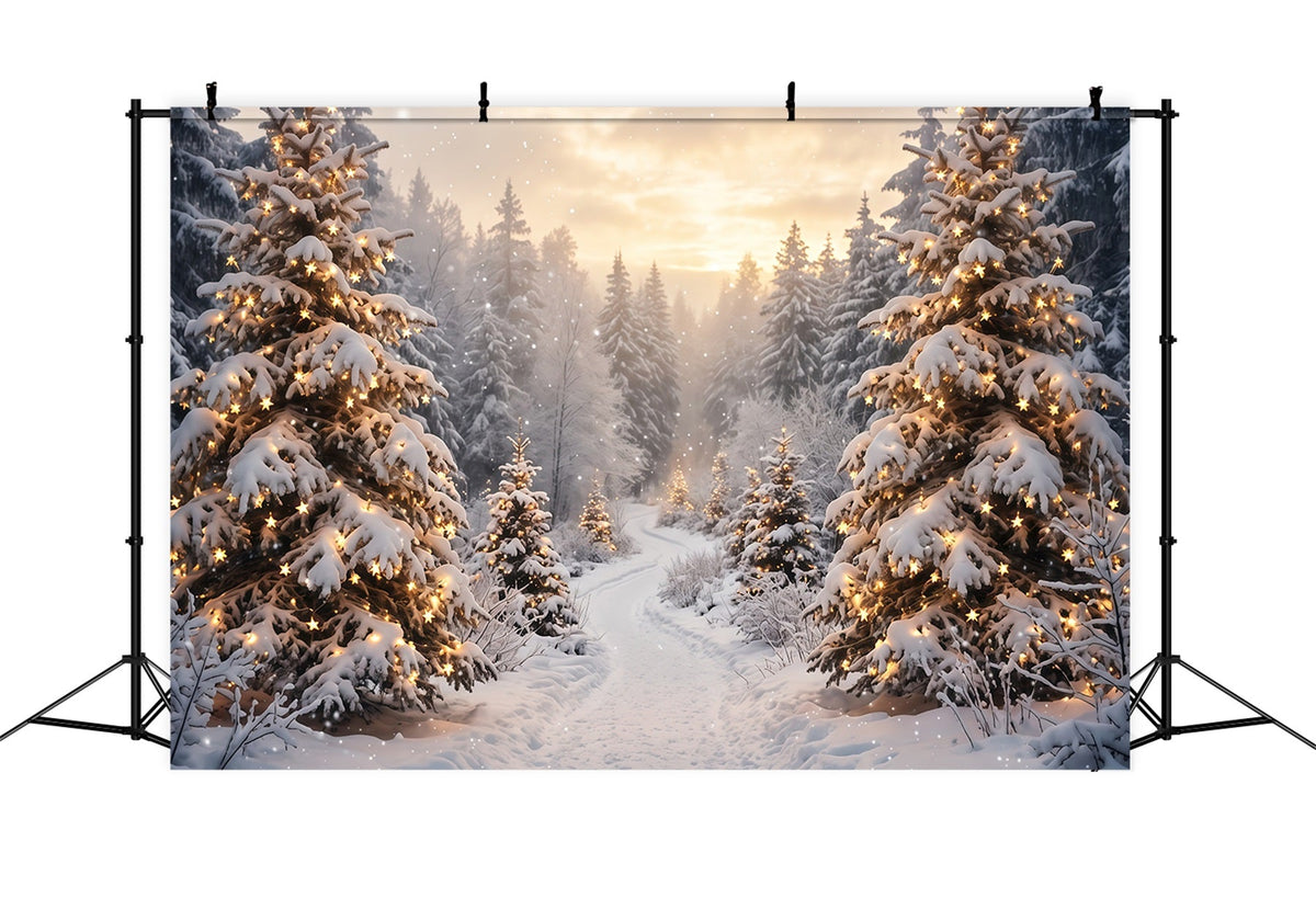 Fond De Forêt De Sapins Arbres Enneigés Lumière Dorée RR610-117