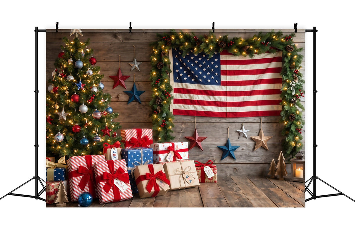 Fond De Noël Campagnard Cadeaux Drapeau Patriotique Sapin RR610-118