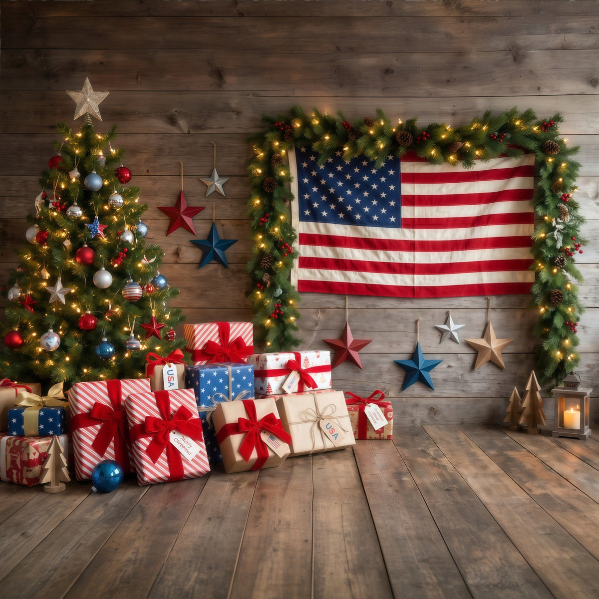 Fond De Noël Campagnard Cadeaux Drapeau Patriotique Sapin RR610-118