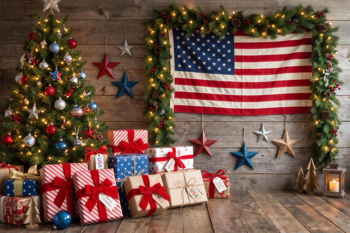 Fond De Noël Campagnard Cadeaux Drapeau Patriotique Sapin RR610-118