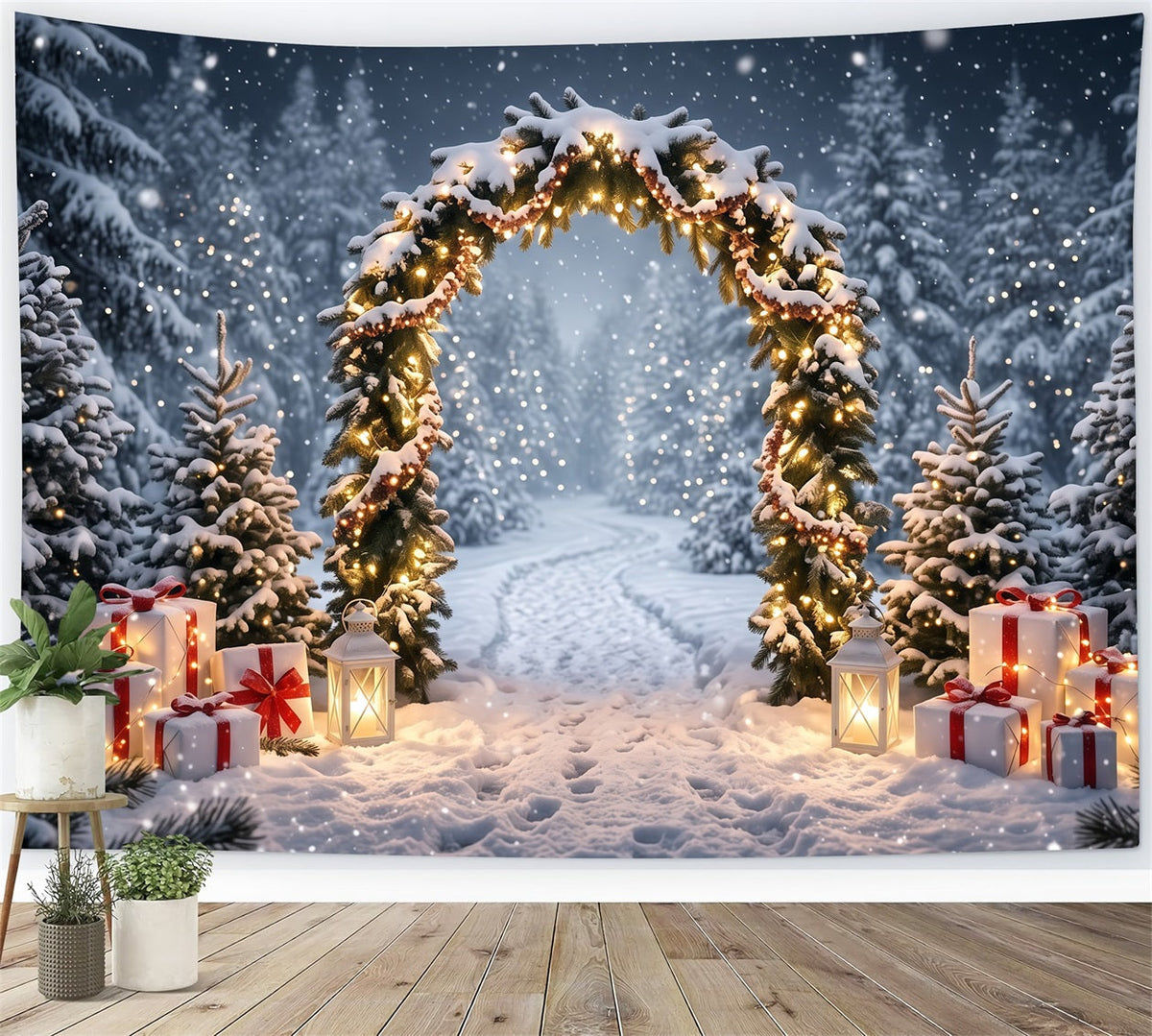 Fond Photo De Noël Arche Lanternes Sapins Enneigés RR610-119