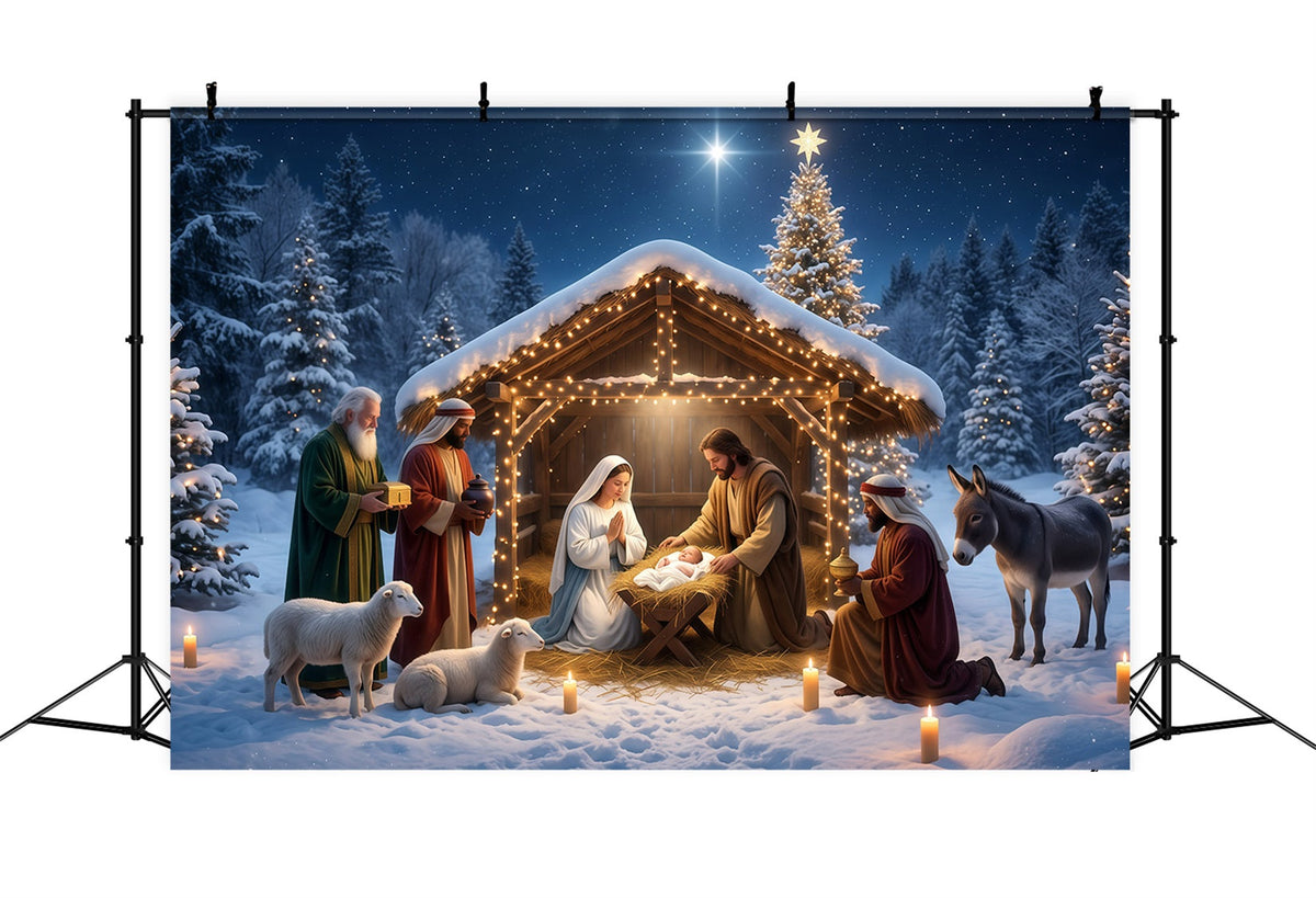Fond Photo De Noël Étable Crèche Enneigée Bethléem RR610-12