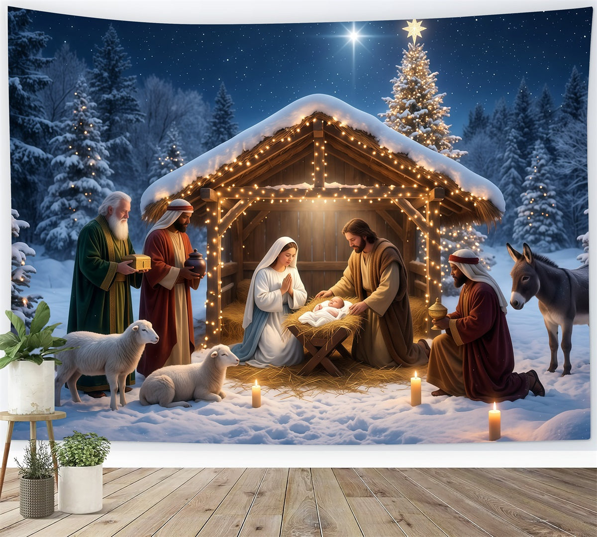 Fond Photo De Noël Étable Crèche Enneigée Bethléem RR610-12