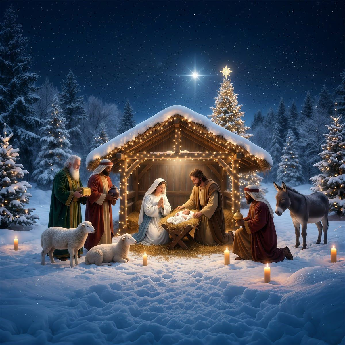Fond Photo De Noël Étable Crèche Enneigée Bethléem RR610-12