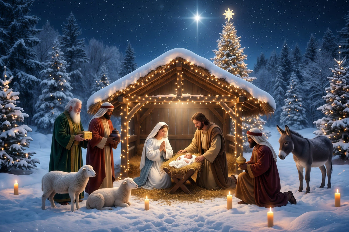 Fond Photo De Noël Étable Crèche Enneigée Bethléem RR610-12