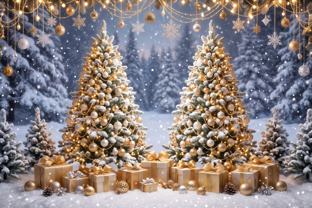 Fond Photo De Noël Ornements Dorés Deux Sapins RR610-121