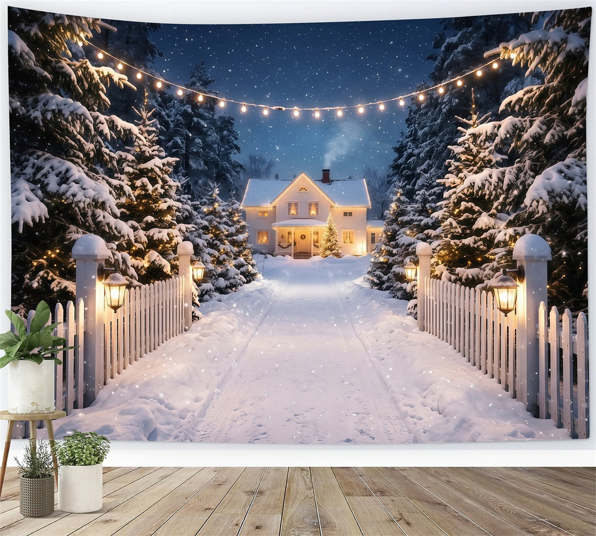Fond Photo De Noël Allée Maison Blanche Enneigée RR610-122