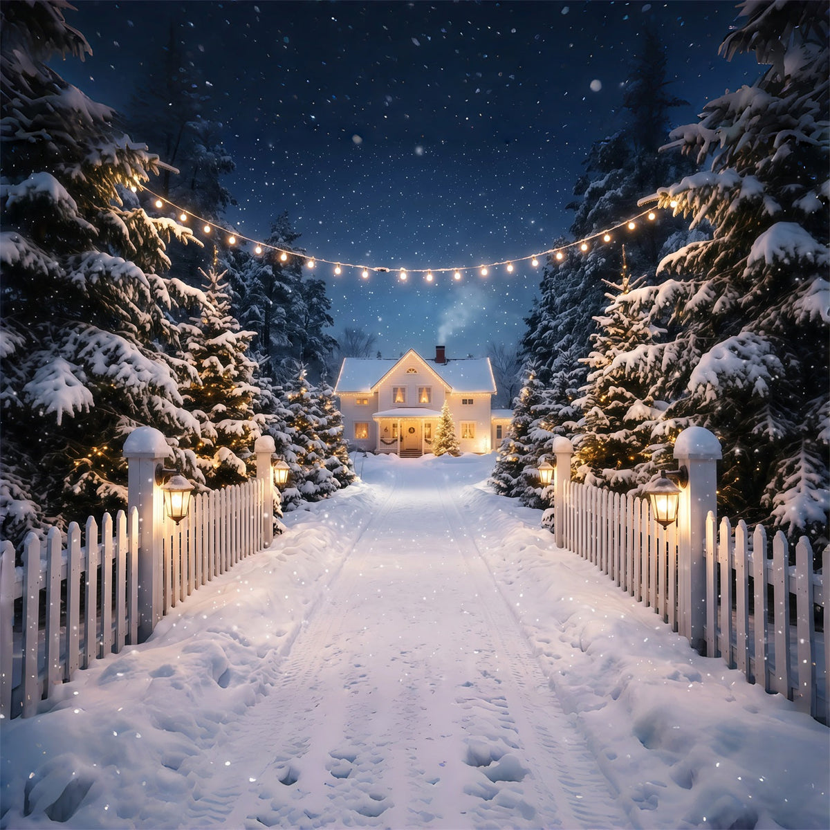 Fond Photo De Noël Allée Maison Blanche Enneigée RR610-122