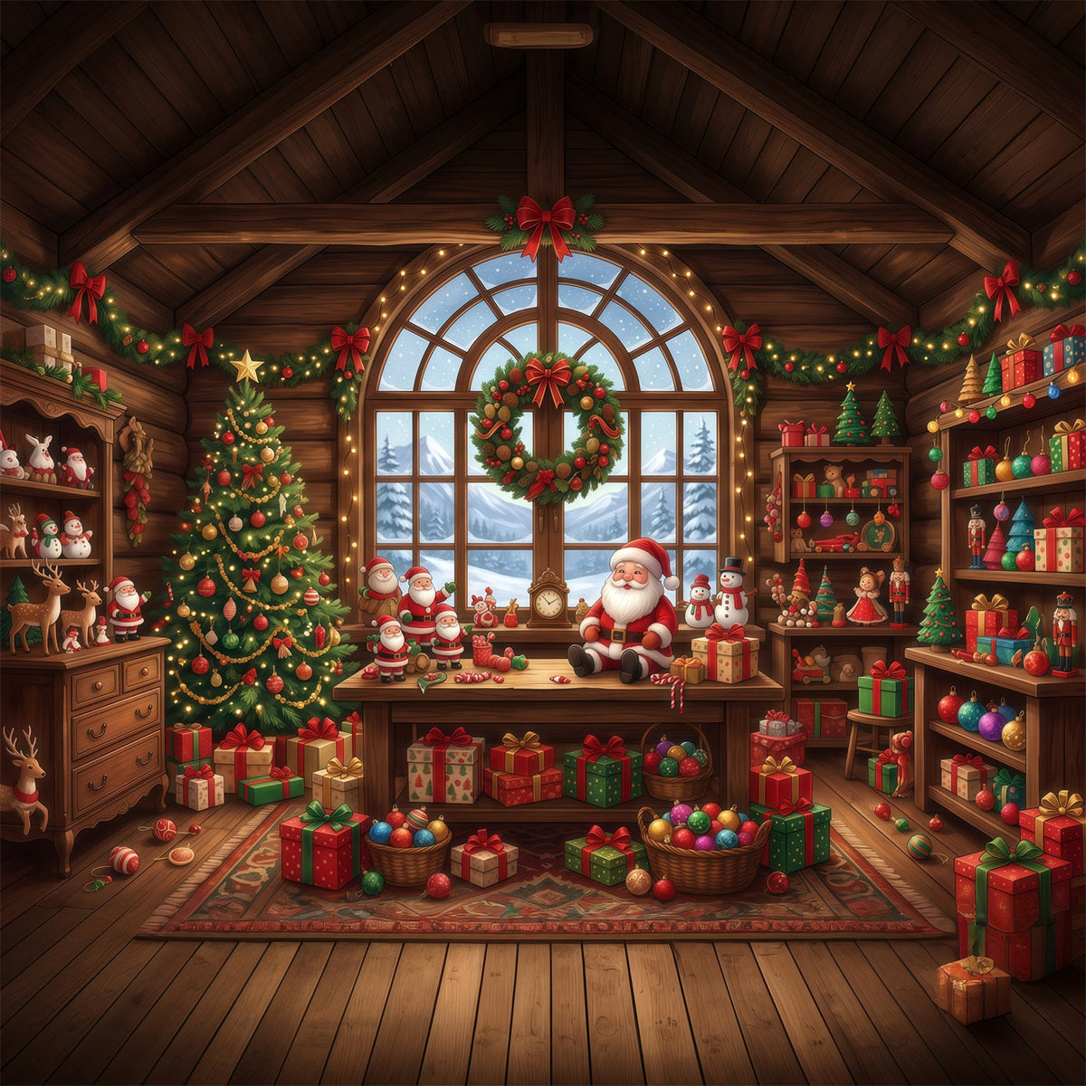 Fond Photo Père Noël Atelier Jouets Rustique RR610-129