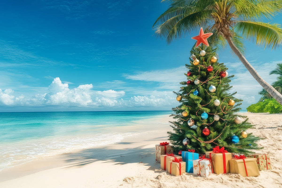 Fond De Sapins De Noël Arbre Décoré Bord De Plage Tropical RR610-130