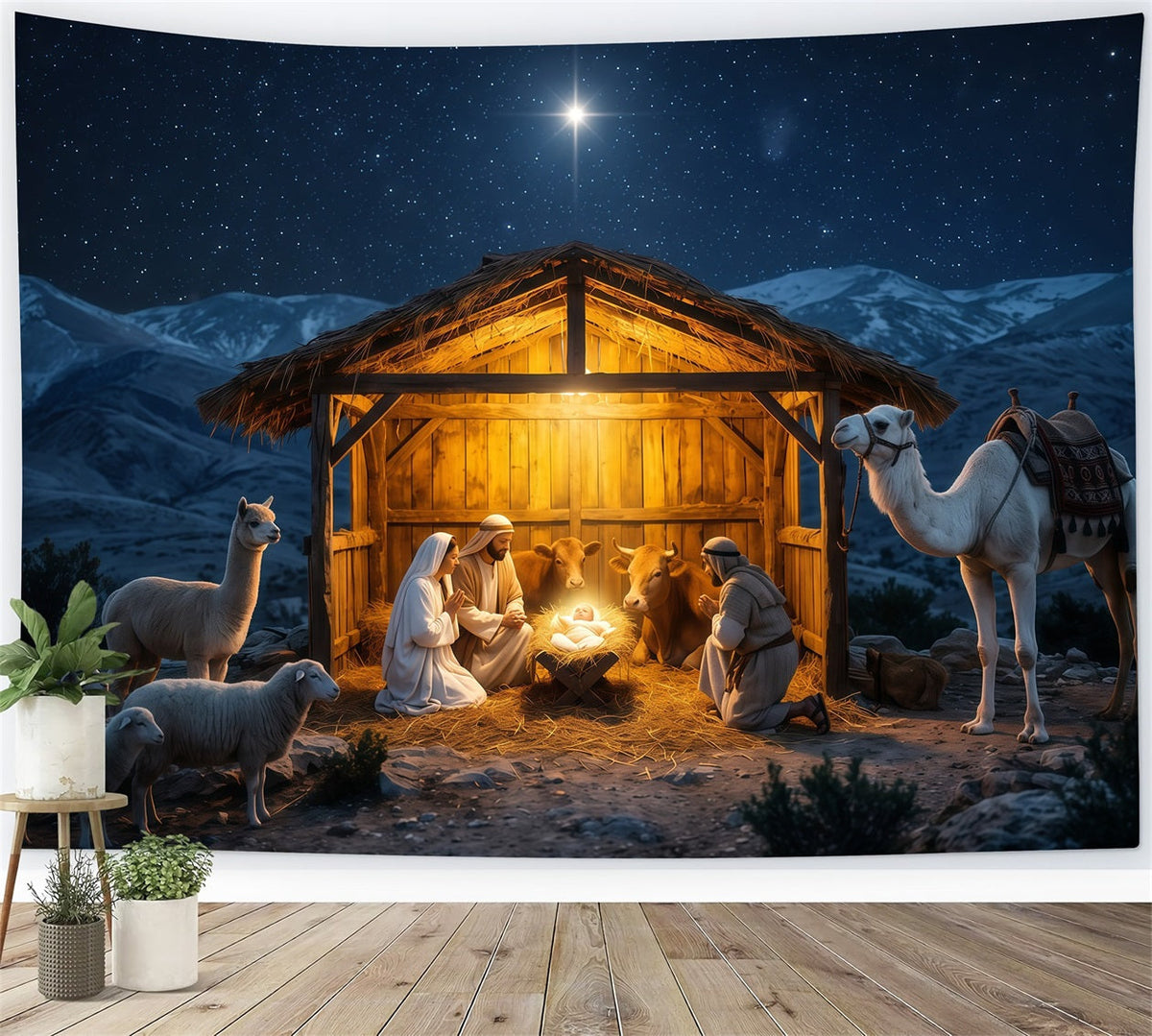 Fond De Crèche De Noël Étable Mangeoire Nuit Étoilée RR610-132