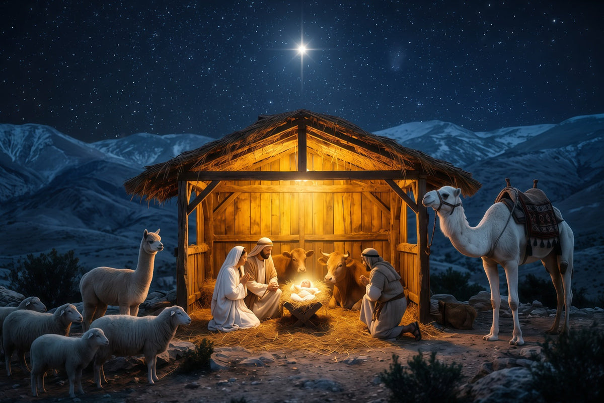 Fond De Crèche De Noël Étable Mangeoire Nuit Étoilée RR610-132