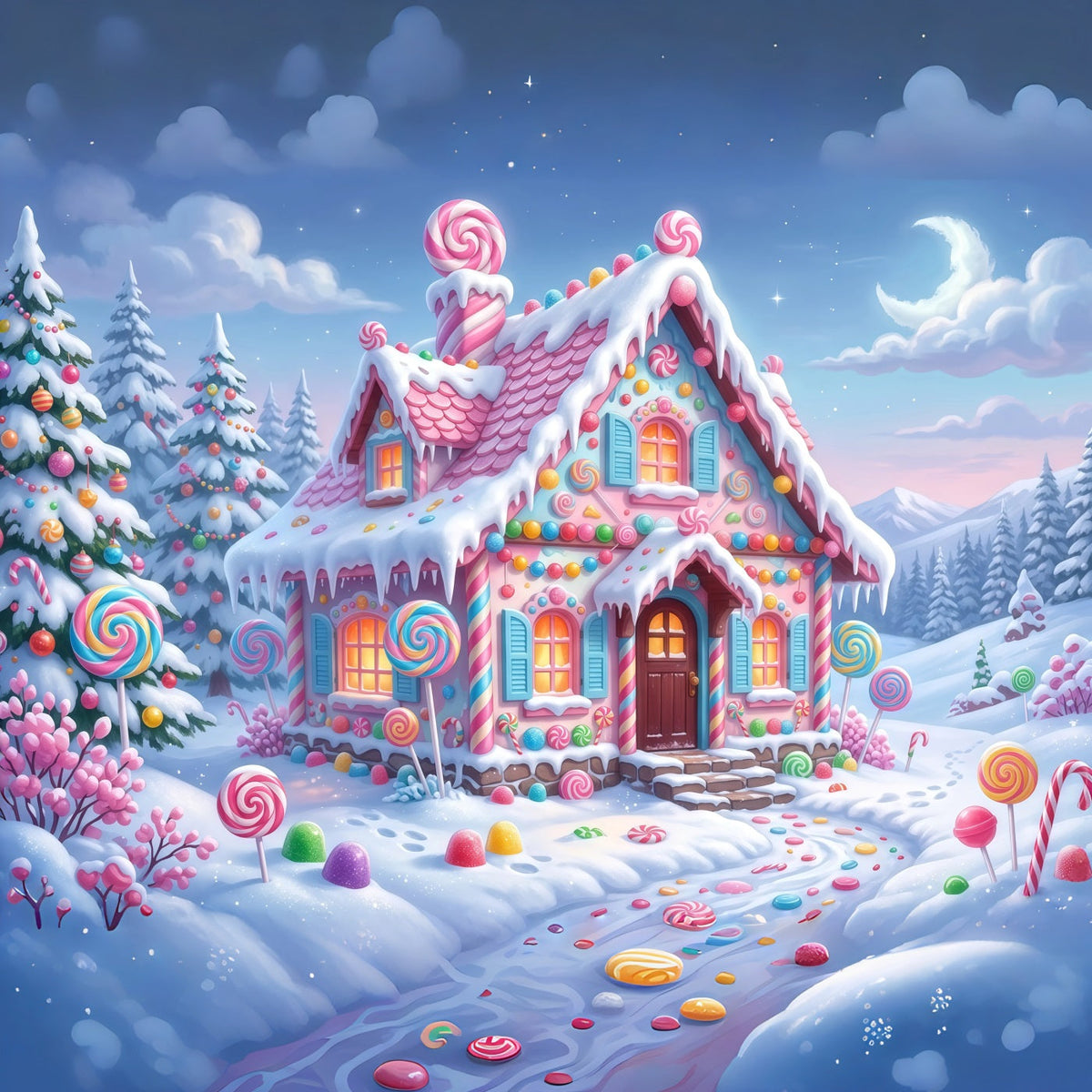 Fond Maison Pain D'Épices Cottage Bonbons Pastel Enneigé RR610-133