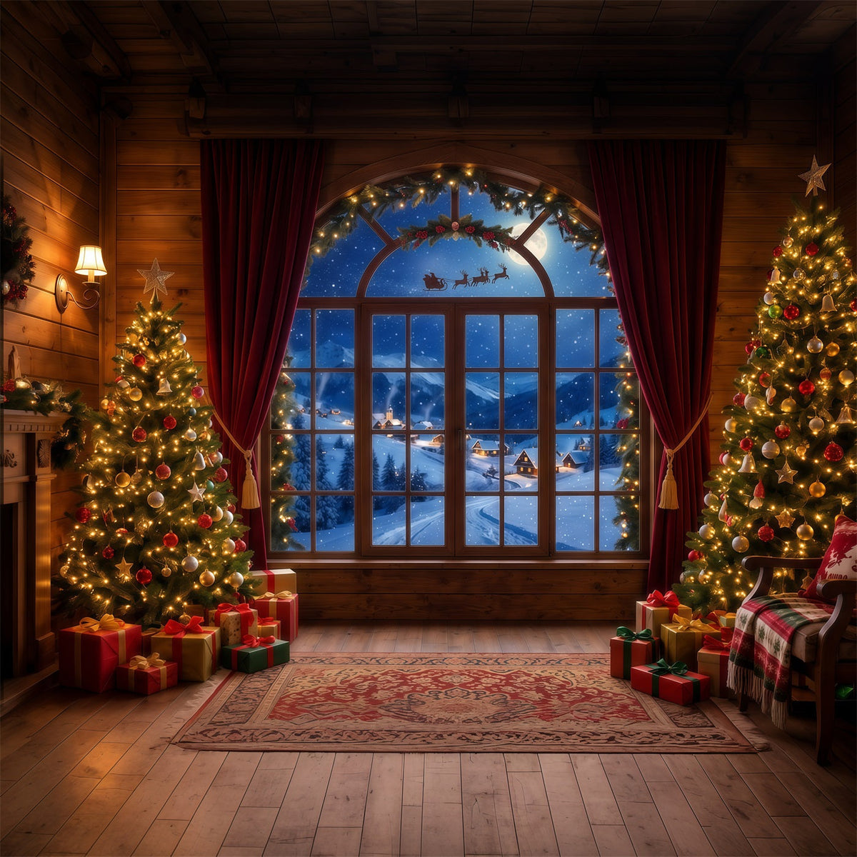 Fond Photo Père Noël Fenêtre Chaleureuse Vue Traîneau RR610-134