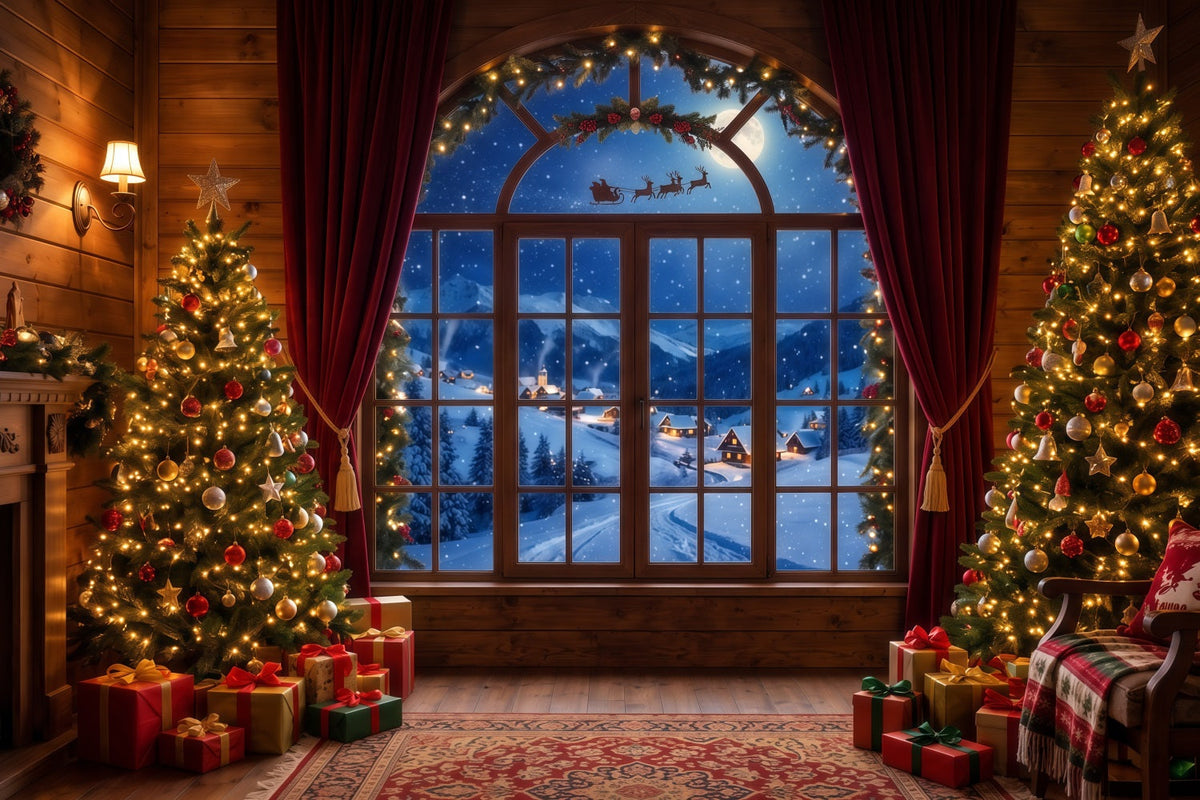 Fond Photo Père Noël Fenêtre Chaleureuse Vue Traîneau RR610-134