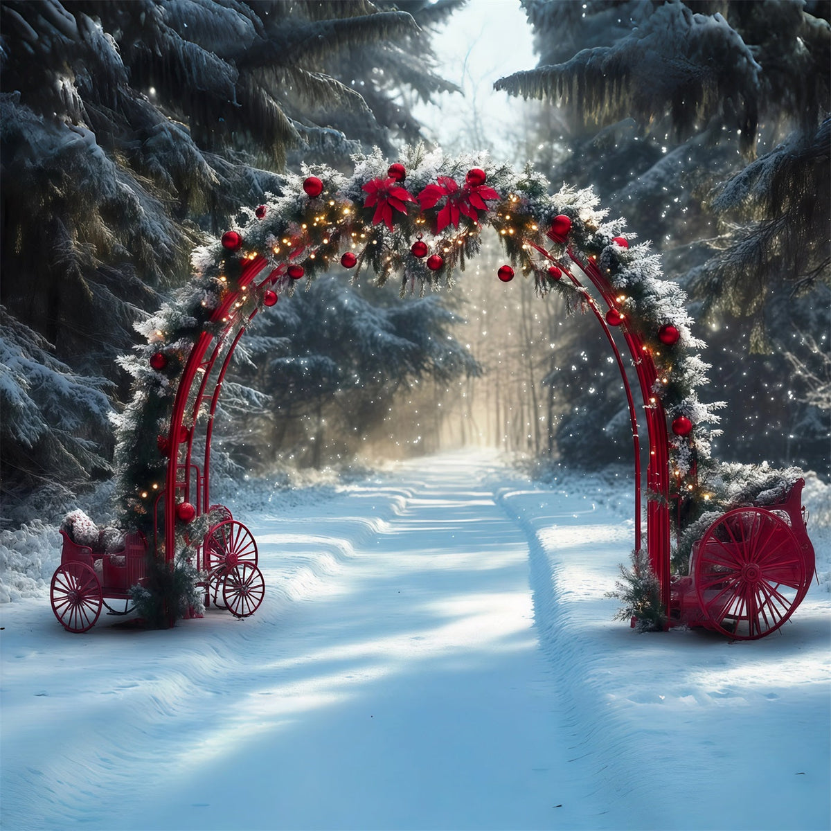 Fond De Noël Arche Rouge Traîneaux Enneigés RR610-138