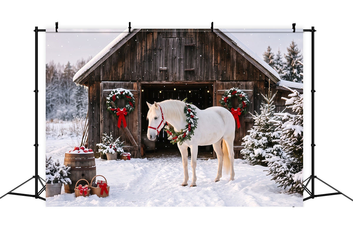 Fond De Noël Western Cheval Blanc Grange Festive RR610-143