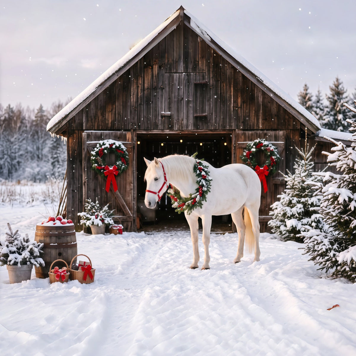 Fond De Noël Western Cheval Blanc Grange Festive RR610-143