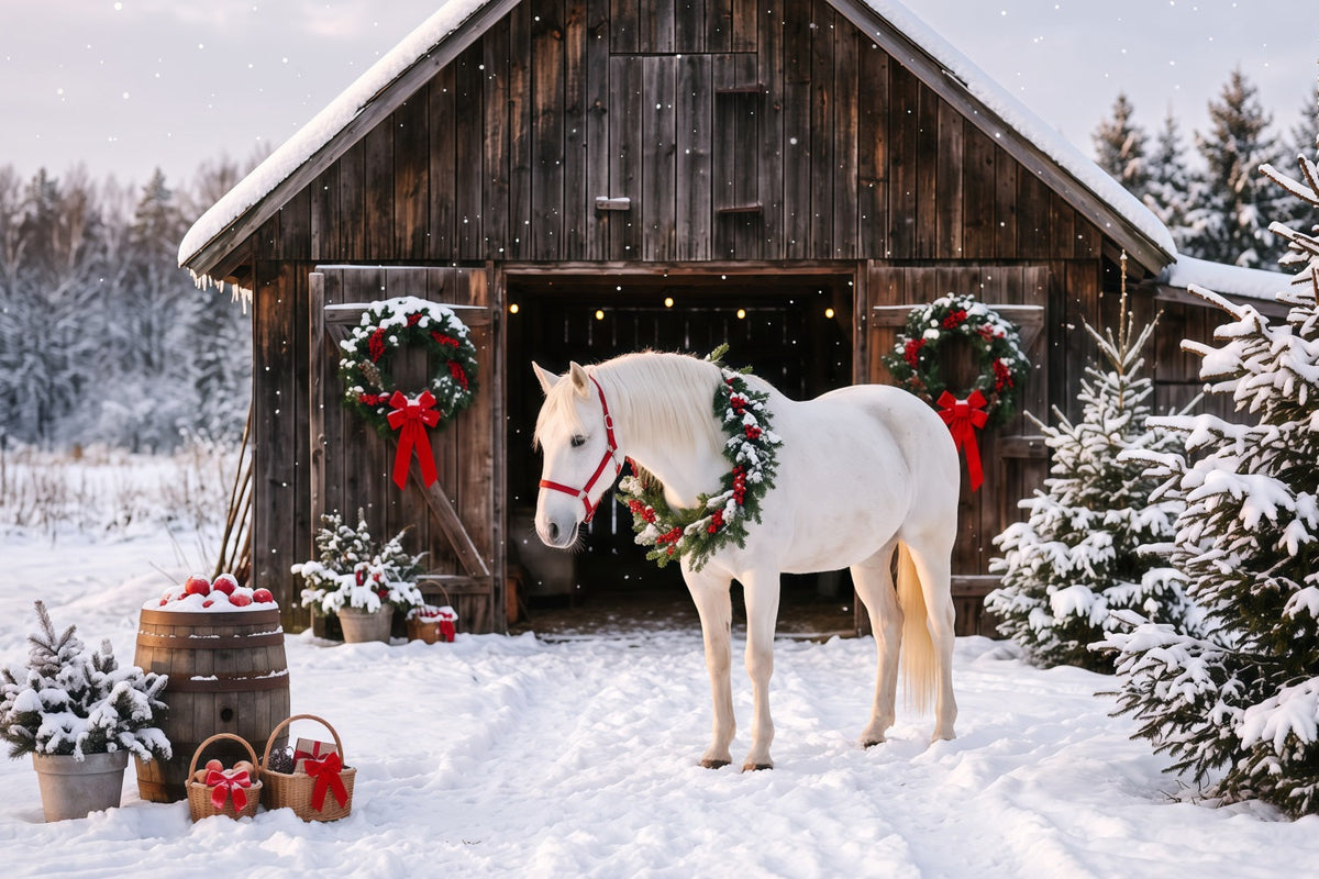 Fond De Noël Western Cheval Blanc Grange Festive RR610-143