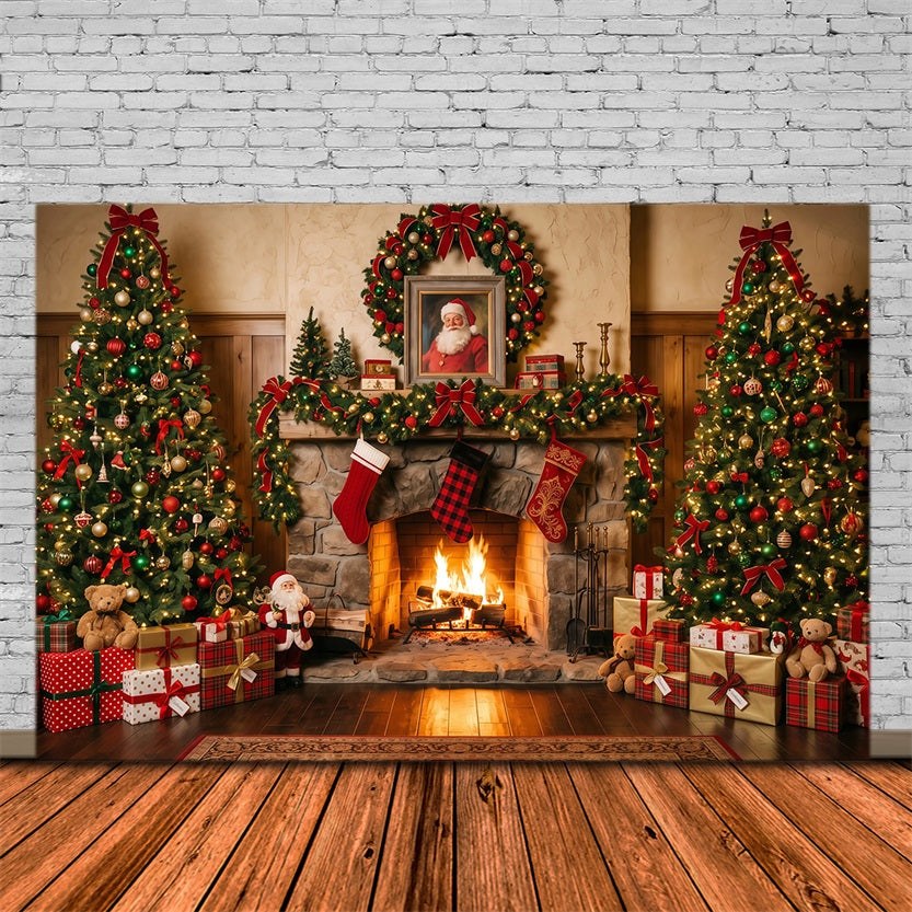 Fond Photo Père Noël Cheminée Rustique Chaussettes RR610-144